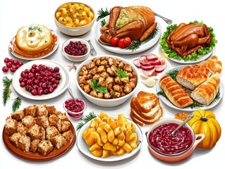 Festive holiday feast with roasted turkey, side dishes, desserts, and vibrant food display on white background - perfect for seasonal dining concepts.