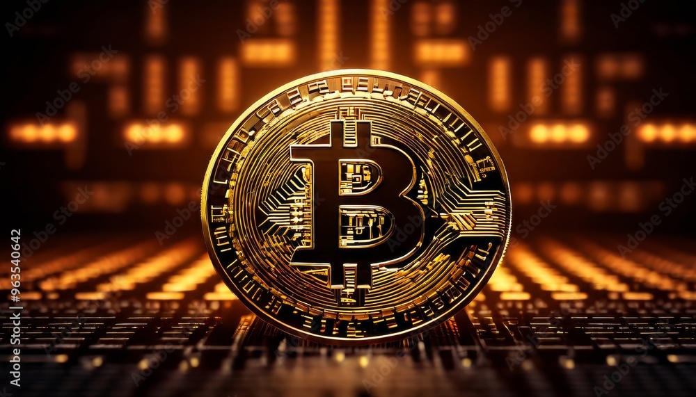 Poster bitcoin coin displayed on an electronic circuit board, symbolizing the intersection of technology an