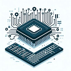 Computer Engineering	A flat illustration vector image of a computer chip, keyboard, and binary code, placed on a solid white background.