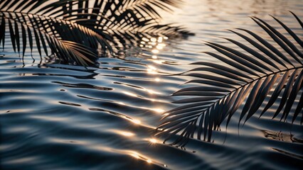 Sombras de hojas de palmera sobre agua tranquila con suaves ondas en un d&iacute;a soleado