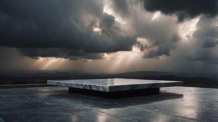 Marble platform serenely floating amid a tumultuous cloudy sky during a dramatic thunderstorm with dark clouds and lightning illuminating the intense moody scene.