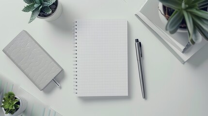 Blank Grid Notebook with Pen and Plants on White Desk