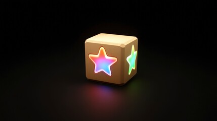 3D game asset of a simple light beige cube with a glowing, colorful rainbow star icon on all sides, set against a black background
