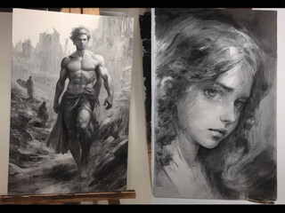 Male and female portraits, concept art sketch pencil charcoal traditional drawing
