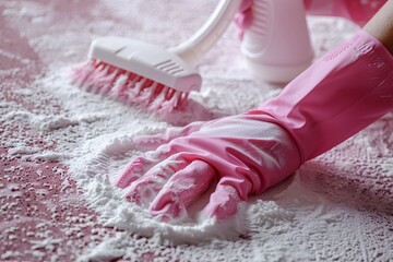A pair of pink gloves sitting on top of a table