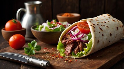 Doner kebab with grilled chicken meat and vegetables in pita bread