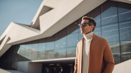Fashionable successful stylish man, mature model, minimalism design architecture modern building