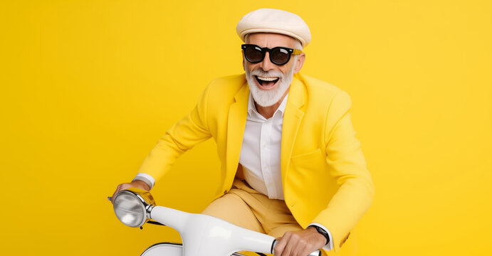 Cheerful happy senior man riding yellow scooter, stylish elderly driver drive moped, summer vacation