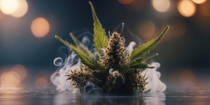 vertical slow motion of floating Cannabis Bud with Smoke Swirling Around.