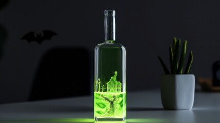 22. Beautiful Halloween-themed bottle with a haunted mansion motif, glowing green liquid inside,...