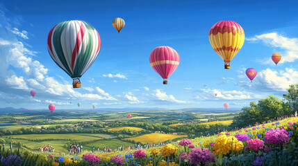 Naklejka premium Spectacular Hot Air Balloon Festival: Colorful Balloons Soaring Over Scenic Landscape 