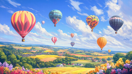 Obraz premium Spectacular Hot Air Balloon Festival: Colorful Balloons Soaring Over Scenic Landscape 