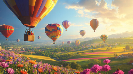 Fototapeta premium Spectacular Hot Air Balloon Festival: Colorful Balloons Soaring Over Scenic Landscape 