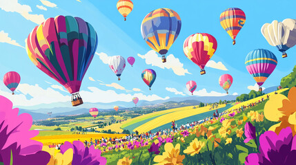 Obraz premium Spectacular Hot Air Balloon Festival: Colorful Balloons Soaring Over Scenic Landscape 