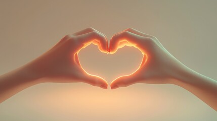 Fototapeta premium Hands forming a heart shape with a warm glow, signifying love, connection, and warmth in a soft, gentle light background.