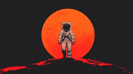 Surreal illustration of an astronaut standing on a red surface with a glowing orange celestial body in the background.