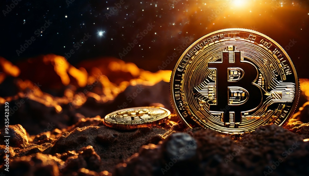 Poster a glowing bitcoin coin stands out in a cosmic landscape, surrounded by stars and illuminated by a wa