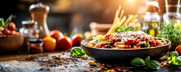 Fototapeta premium Delicious pasta dish with fresh ingredients on a rustic wooden table, perfect for food photography and culinary presentations.