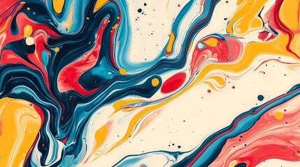 Fototapeta premium Abstract fluid art with vibrant blue, red, and yellow swirls creating a dynamic and colorful background. Perfect for modern and creative designs.