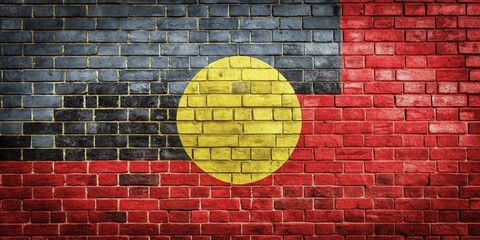 Australian aboriginal flag painted on a rustic brick wall