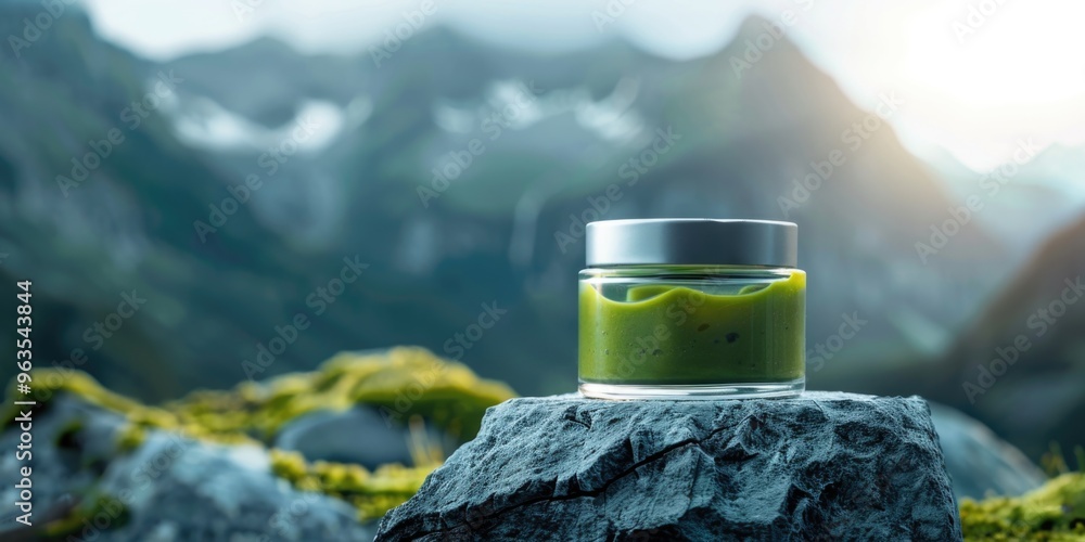 Poster a jar of green substance sits on a rock in front of a mountain. the scene is serene and peaceful, wi
