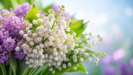 A close up photo of a beautiful bouquet of fresh lily of the valley and lilac flowers taken from a wide angle perspective, purity, white flowers, flowers, fragrant, gift, ornament