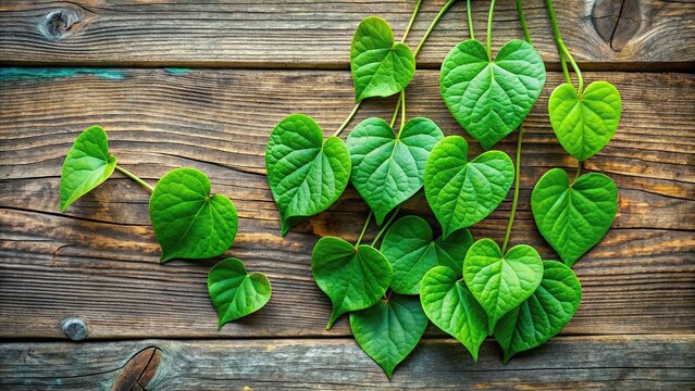crispa, guduchi, A close up shot of Tinospora cordifolia herb also known as heart leaved moonseed or guduchi with its vibrant green leaves and tendrils placed on a rustic wooden background