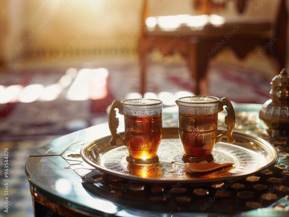 Aufkleber two cups of tea on a tray, one of which is almost empty. the tray is on a table in a room with a cha