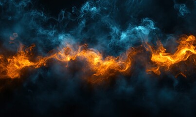 Abstract background with blue and orange flames, smoke, and a black color background