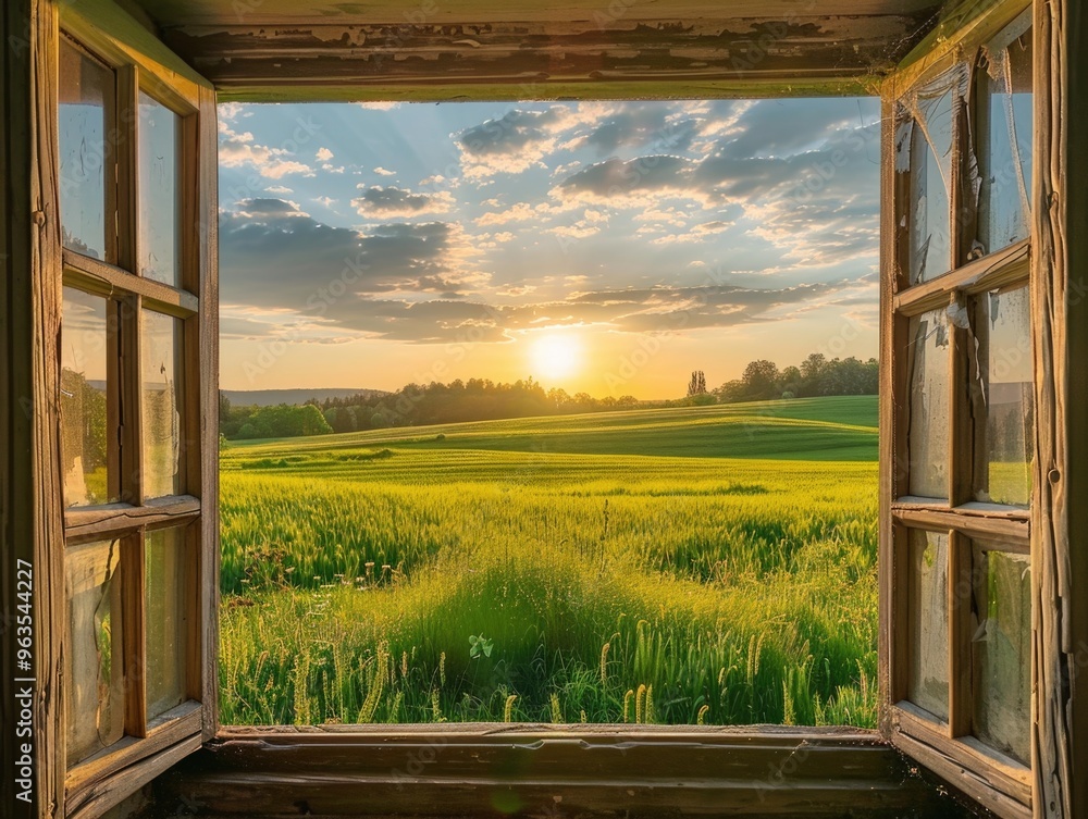 Poster a window with a view of a field and a sun setting