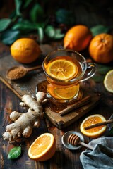 A glass of tea with a slice of orange in it sits on a wooden table. The table is covered with oranges, honey, and a spoon. Concept of warmth and comfort, as the tea