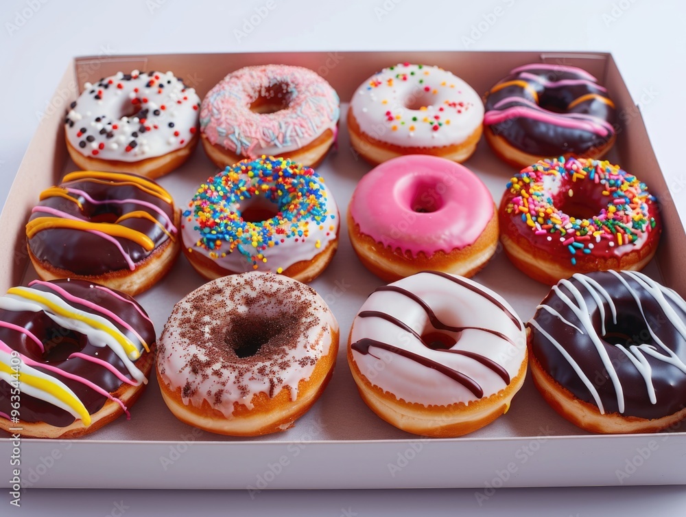 Poster a box of assorted donuts with a variety of colors and flavors. the box is white and the donuts are a