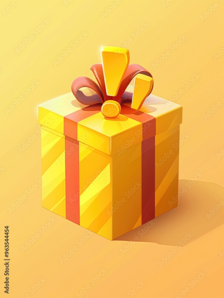 Poster A yellow box with a red ribbon and an exclamation point on top. The box is empty and ready to be filled with a gift