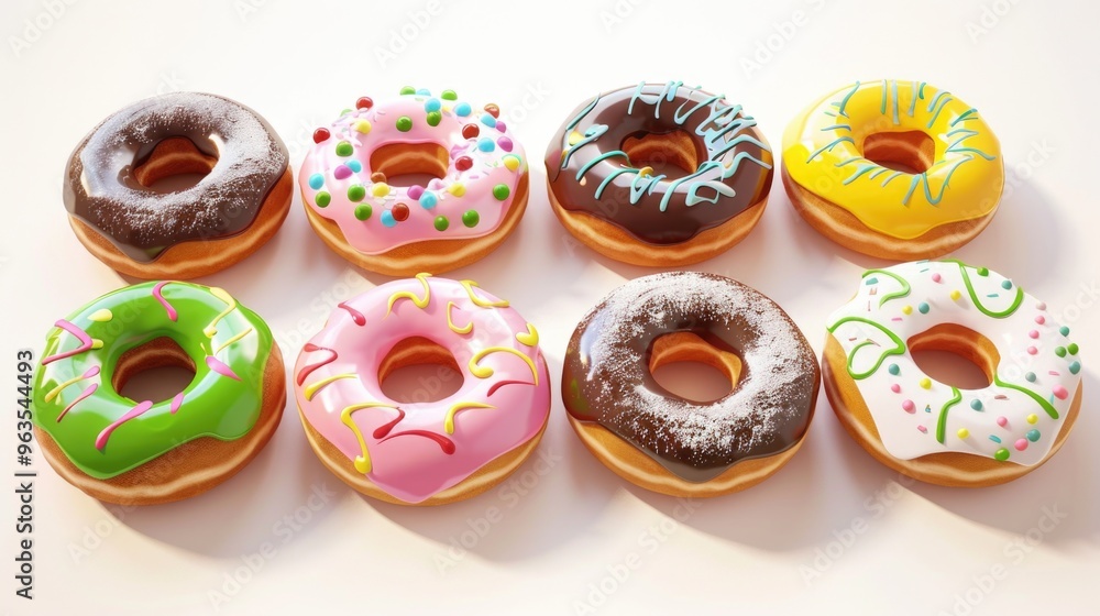 Aufkleber a row of colorful donuts with different frosting and sprinkles. the donuts are arranged in a row on 