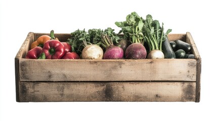 A wooden crate filled with a variety of vegetables including carrots, radishes, and squash. The crate is placed on a white background