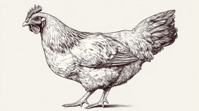 recommend clip art: Hand drawn line art engraving of a farm chicken