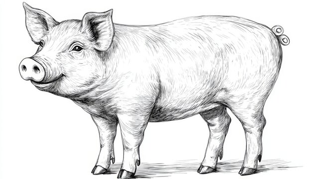recommend clip art: A line drawing of a farm pig engraved in modern style