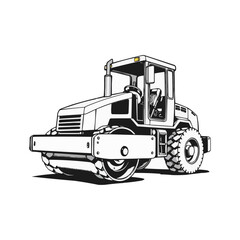 Naklejka premium Road Roller vector artwork. Steamroller black and white clip art silhouette. Roller editable logo design
