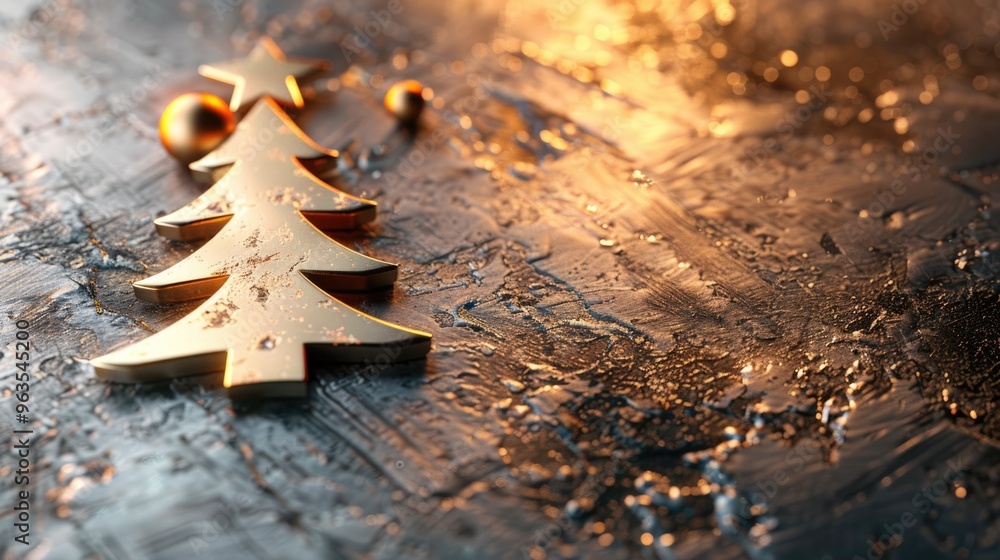 Poster a gold tree with a star on top of it. the tree is surrounded by three balls. the image has a festive