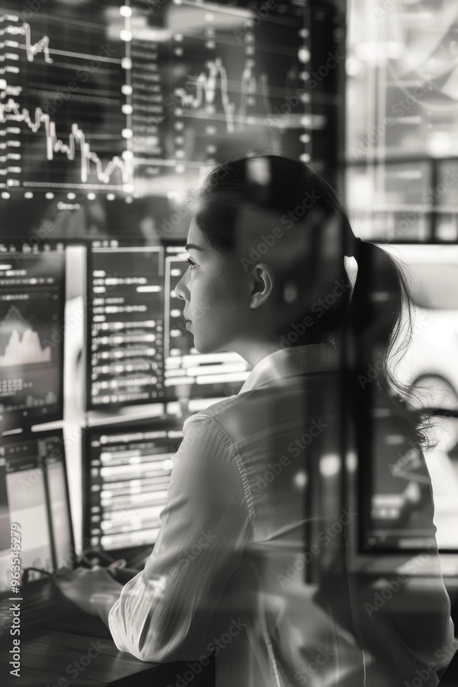 Poster a woman is sitting in front of a computer monitor with a serious look on her face. she is focused on