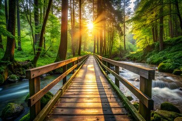 Fototapeta premium A wooden bridge spans a river with a sun shining on it. The sun is in the sky and the water is flowing. The bridge is surrounded by trees and the water is clear