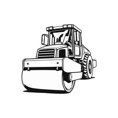 Road Roller vector artwork. Steamroller black and white clip art silhouette. Roller editable logo design