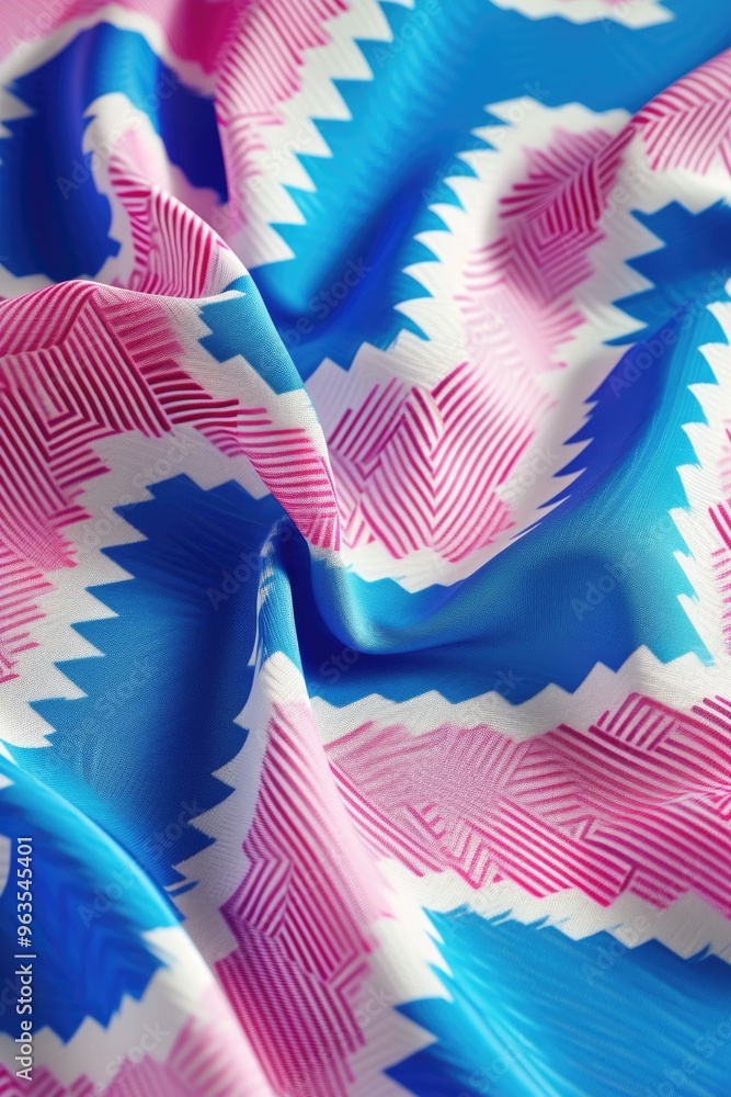Poster a blue and pink fabric with a pattern of squares and triangles. the fabric is folded and has a uniqu