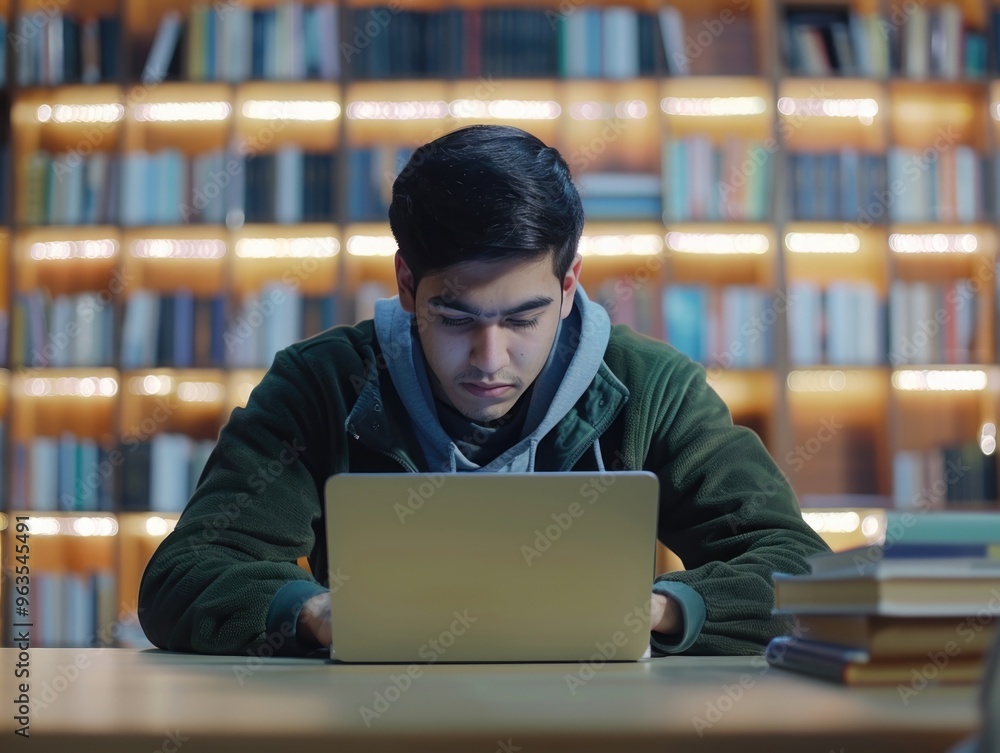 Poster a man is sitting at a desk with a laptop open in front of him. he is wearing a green jacket and he i