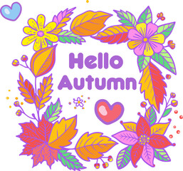 Hello Autumn Birthday party, cute frame with place for text Holiday wreath fall leaves flowers decoration isolated. Holiday invitation, greeting card Thank You cartoon card Thanksgiving Birthday