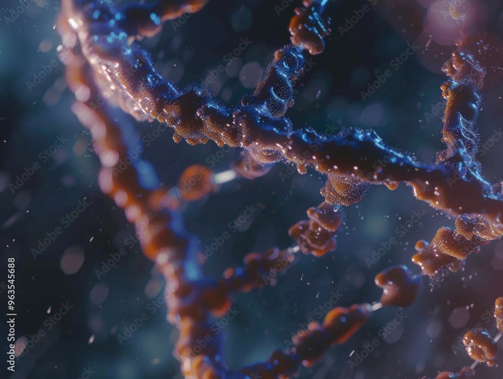 Poster a close up of a dna strand with a blue and red color. the strand is twisted and has a lot of bumps a