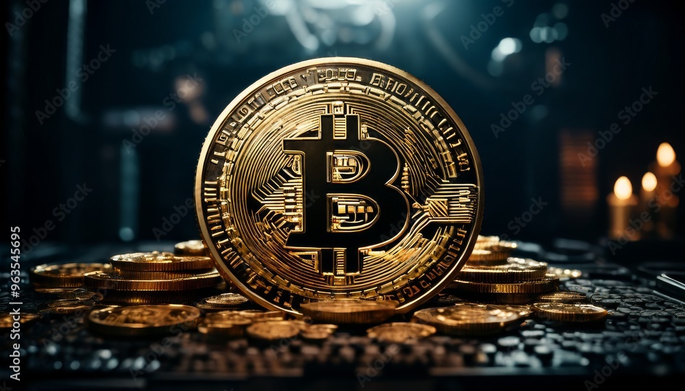 Poster detailed image of a bitcoin coin placed prominently among other coins. the background features intri