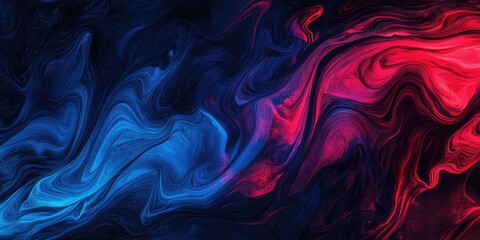 Obraz premium Abstract wavy lines in red and blue on a dark background. Fluid art style with dynamic shapes and vibrant colors. AI generated illustration.