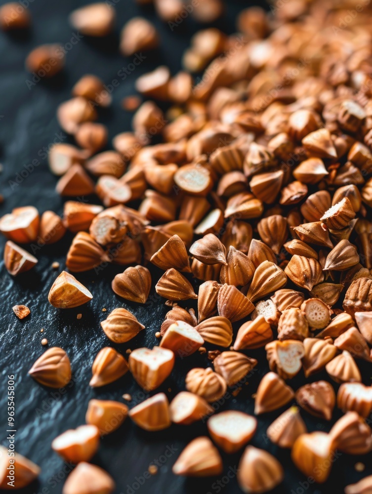 Aufkleber a pile of nuts on a black surface. the nuts are scattered and some are broken. concept of abundance 