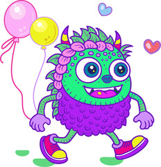 Cute little monster with birthday balloons run hurries to a birthday party brings gift to a friend Cheerful ghosts in costumes for Happy Halloween Dance party sign for invitation book cover card